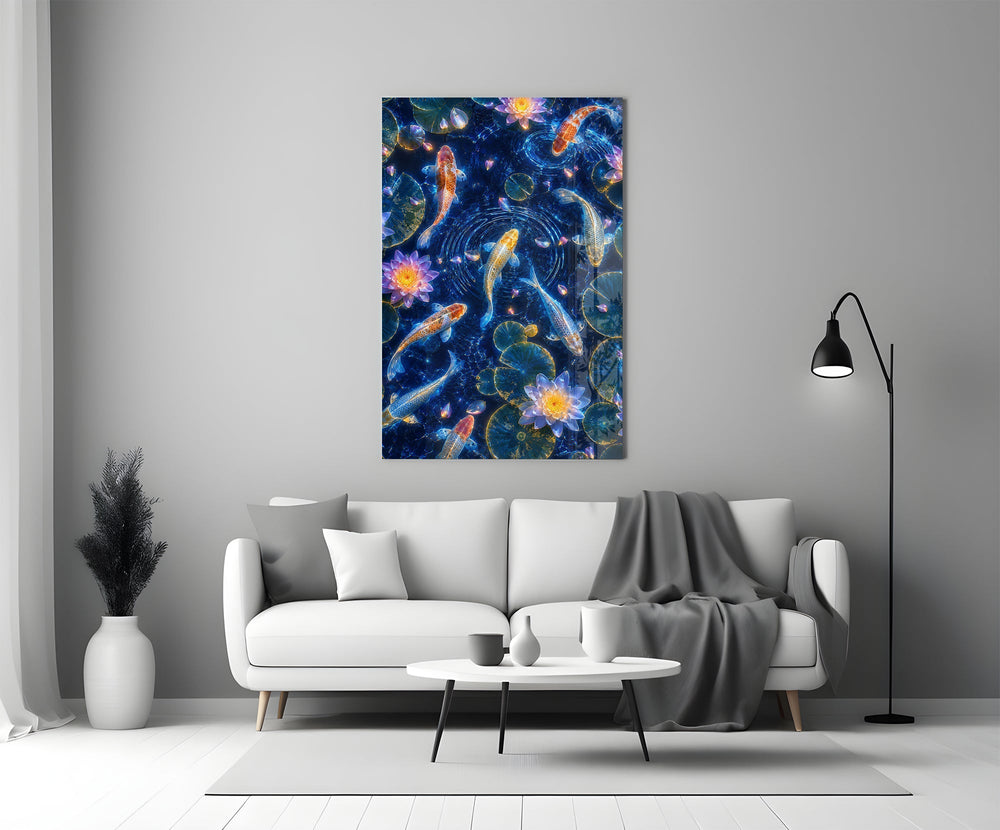 Midnight Blue Koi and Glowing Lotus Glass Wall Art
