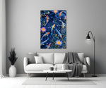 Midnight Blue Koi and Glowing Lotus Glass Wall Art