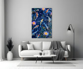 Midnight Blue Koi and Glowing Lotus Glass Wall Art