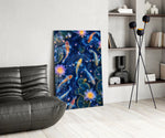 Midnight Blue Koi and Glowing Lotus Glass Wall Art