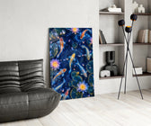 Midnight Blue Koi and Glowing Lotus Glass Wall Art