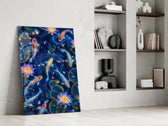 Midnight Blue Koi and Glowing Lotus Glass Wall Art