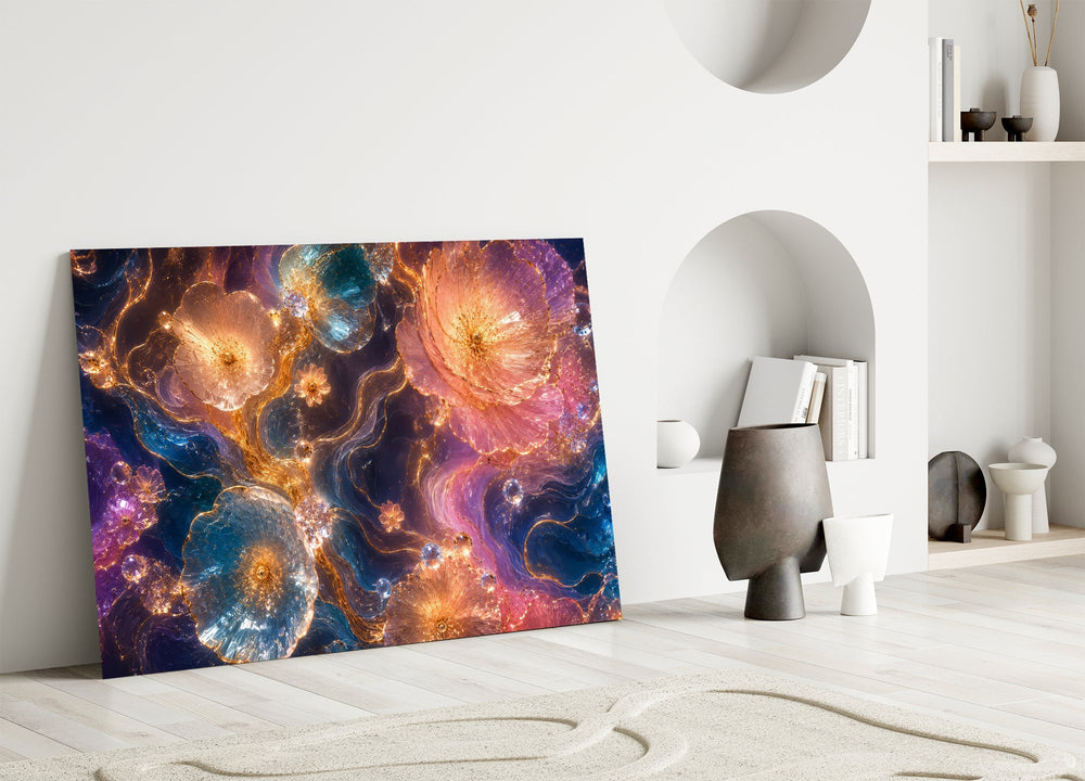 Jewel Tone Sapphire and Rose Petals Glass Wall Art