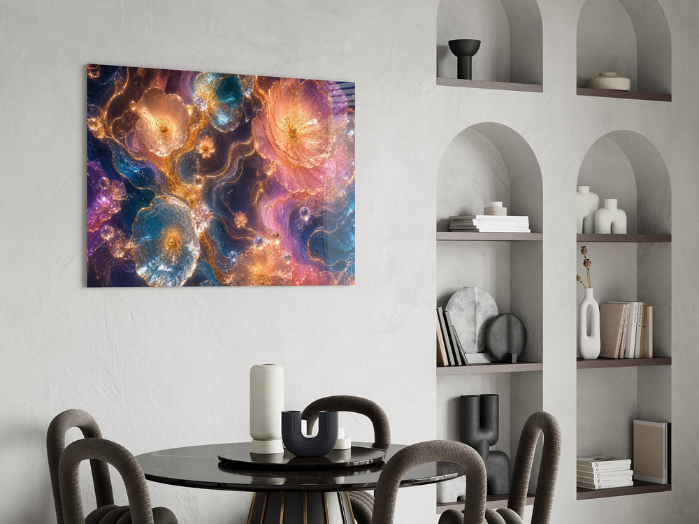 Jewel Tone Sapphire and Rose Petals Glass Wall Art