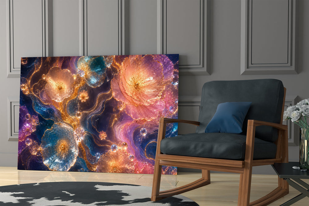 Jewel Tone Sapphire and Rose Petals Glass Wall Art