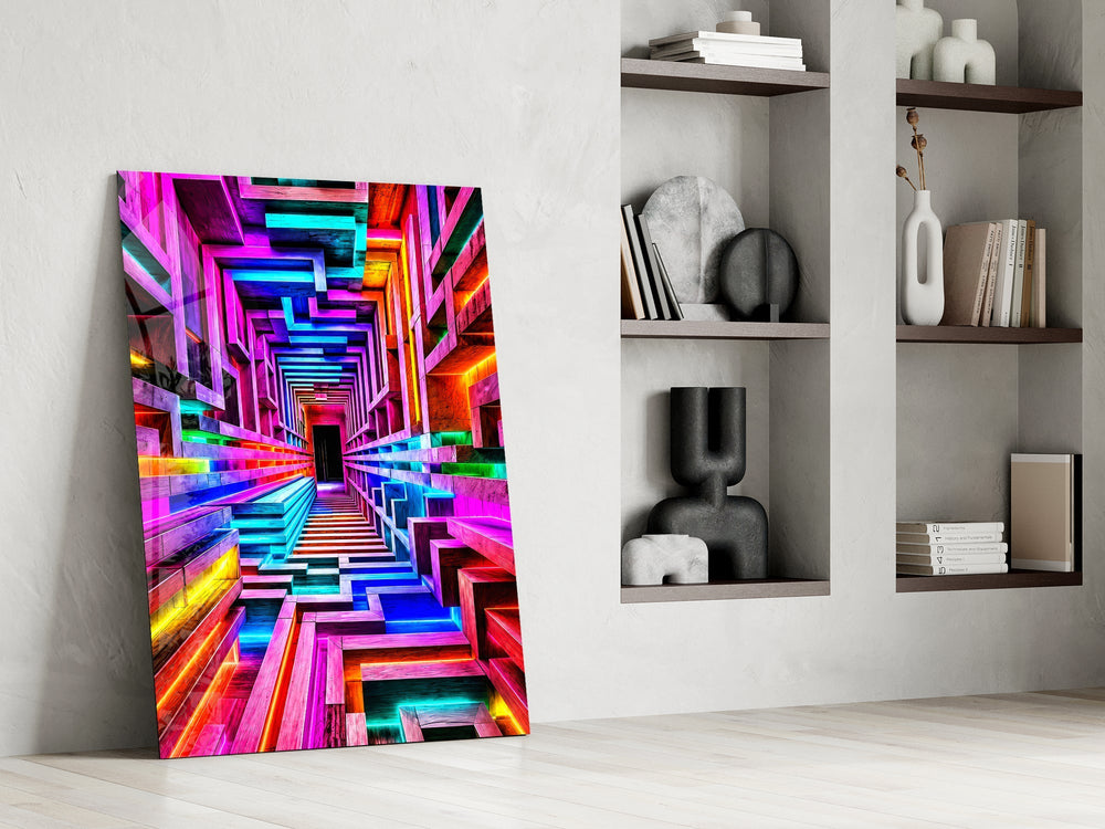 Neon Rainbow Infinity Corridor Glass Wall Art