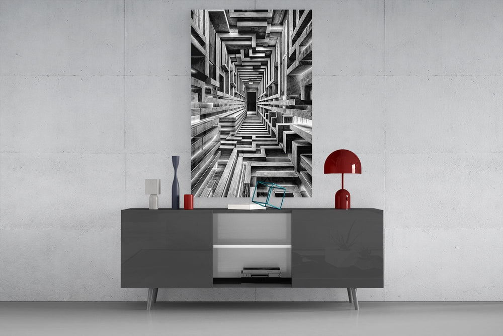 Monochrome Timber Infinity Corridor Glass Wall Art