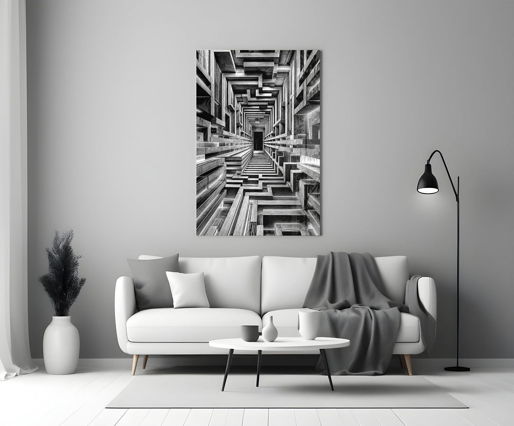 Monochrome Timber Infinity Corridor Glass Wall Art