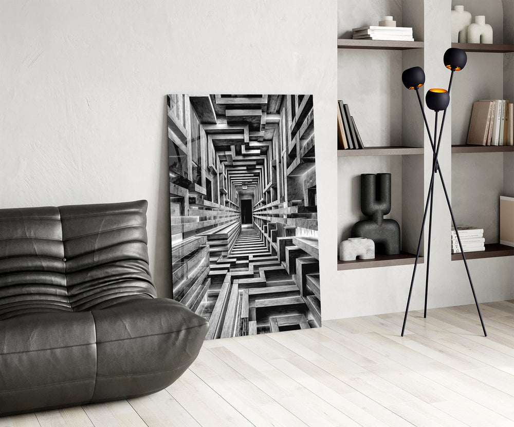 Monochrome Timber Infinity Corridor Glass Wall Art