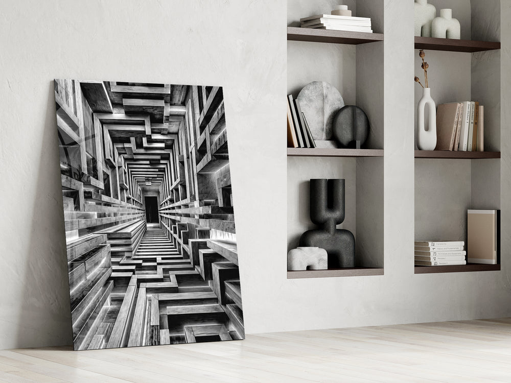 Monochrome Timber Infinity Corridor Glass Wall Art