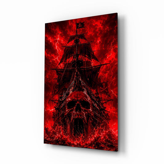 Ghost Pirate Ship Crimson Skull Bow Glass Wall Art