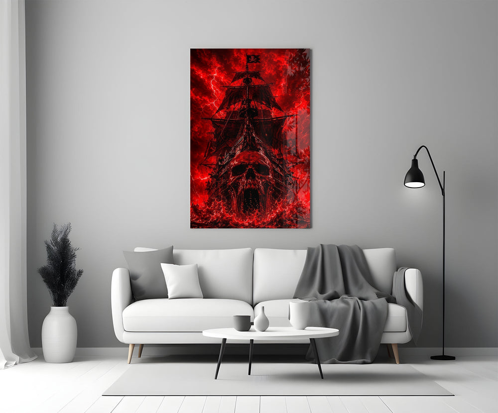 Ghost Pirate Ship Crimson Skull Bow Glass Wall Art