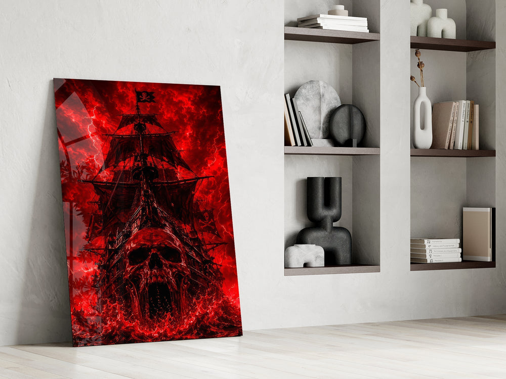 Ghost Pirate Ship Crimson Skull Bow Glass Wall Art