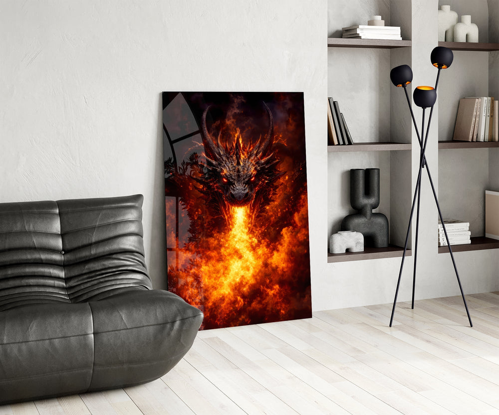 Fire Dragon Ember Eyes Flame Breath Glass Wall Art