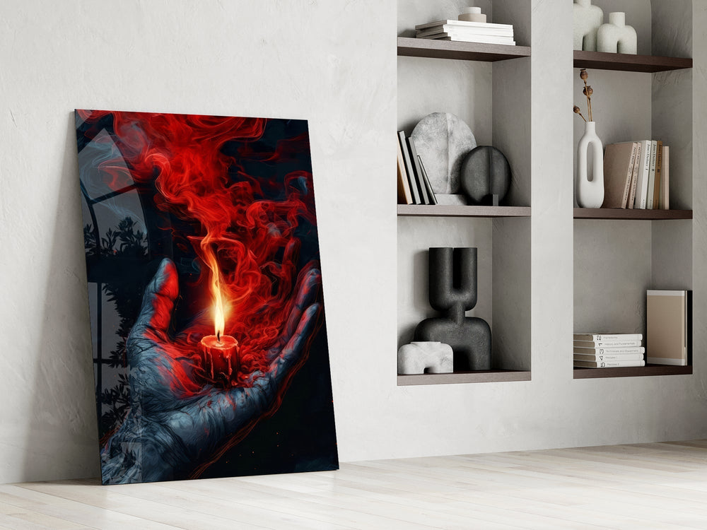 Red Candle in Cupped Hand Smoke Glass Wall Art