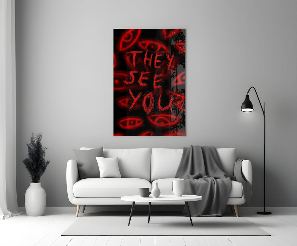 They See You Red Scrawl Eyes Glass Wall Art
