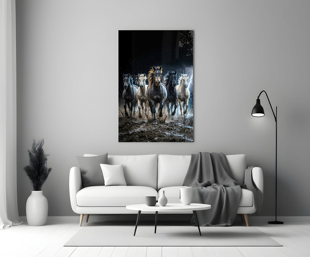 Galloping Horse Herd Lightning Storm Glass Wall Art