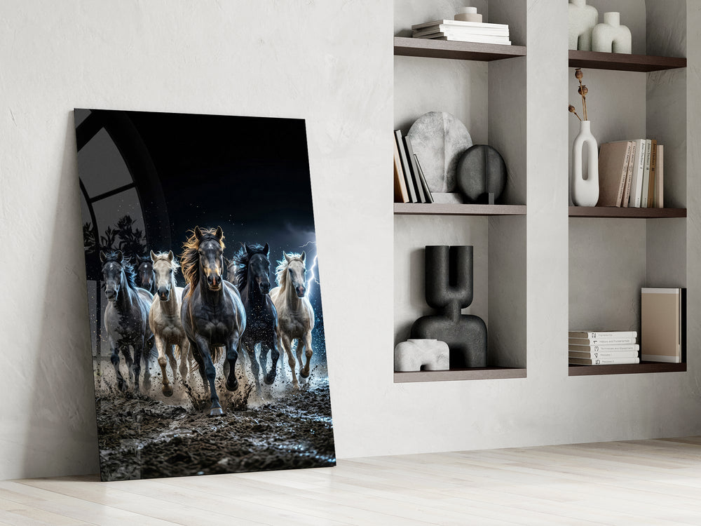 Galloping Horse Herd Lightning Storm Glass Wall Art
