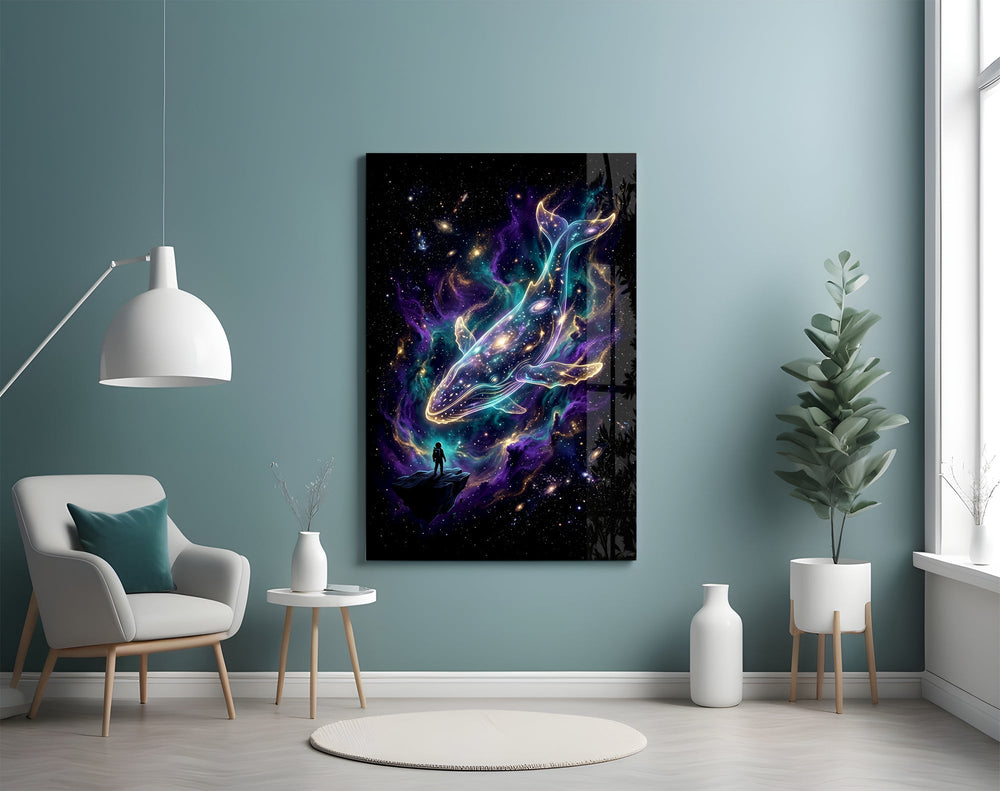 Cosmic Whale Nebula and Astronaut Glass Wall Art