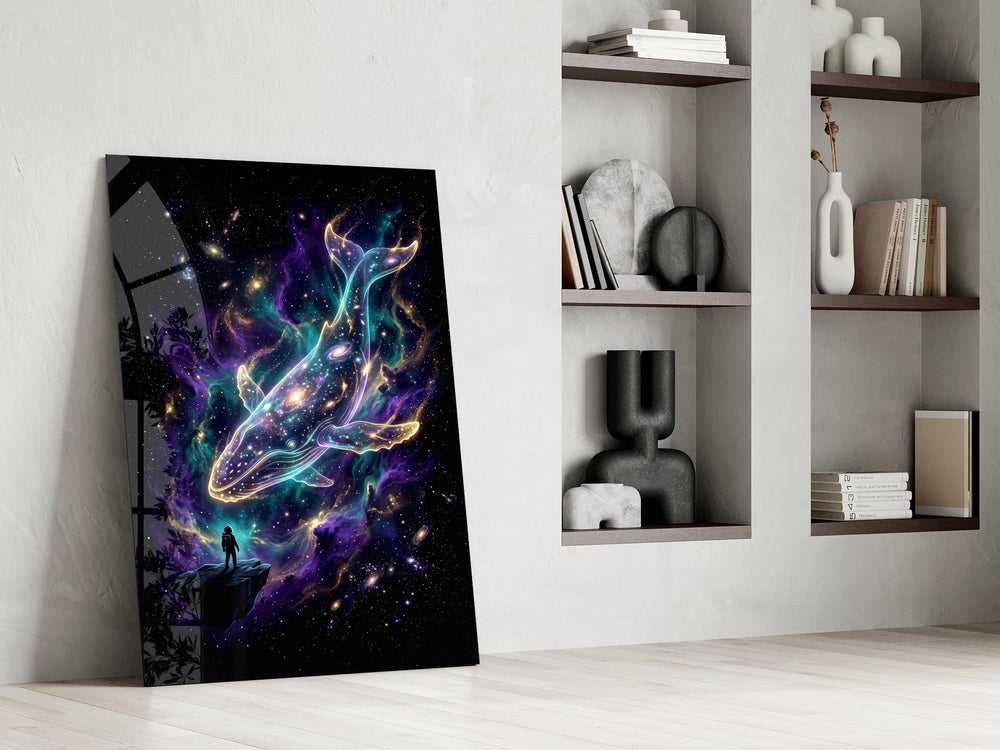 Cosmic Whale Nebula and Astronaut Glass Wall Art