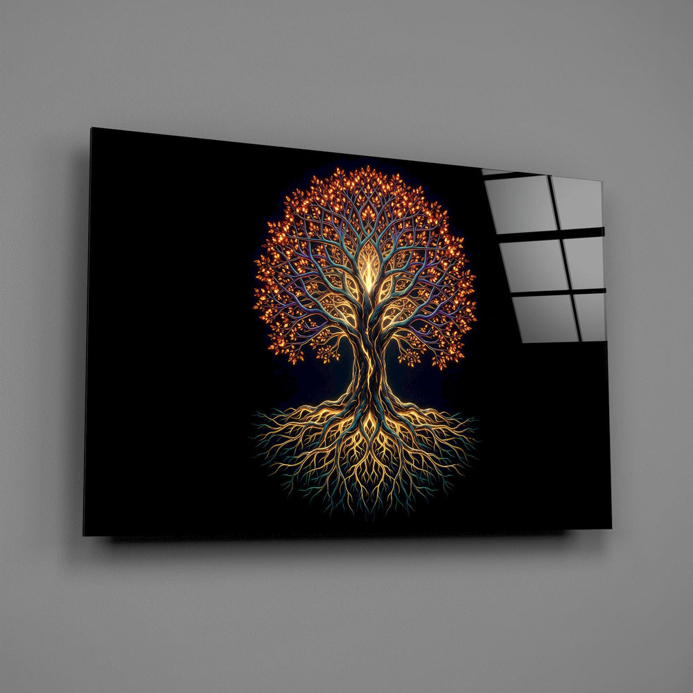 Golden Tree of Life Glowing Roots Glass Wall Art