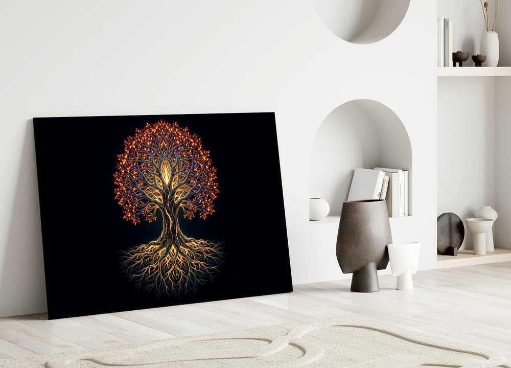 Golden Tree of Life Glowing Roots Glass Wall Art