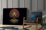 Golden Tree of Life Glowing Roots Glass Wall Art