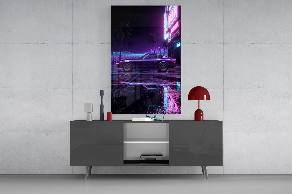 Purple Fastback Coupe Synthwave Glass Wall Art
