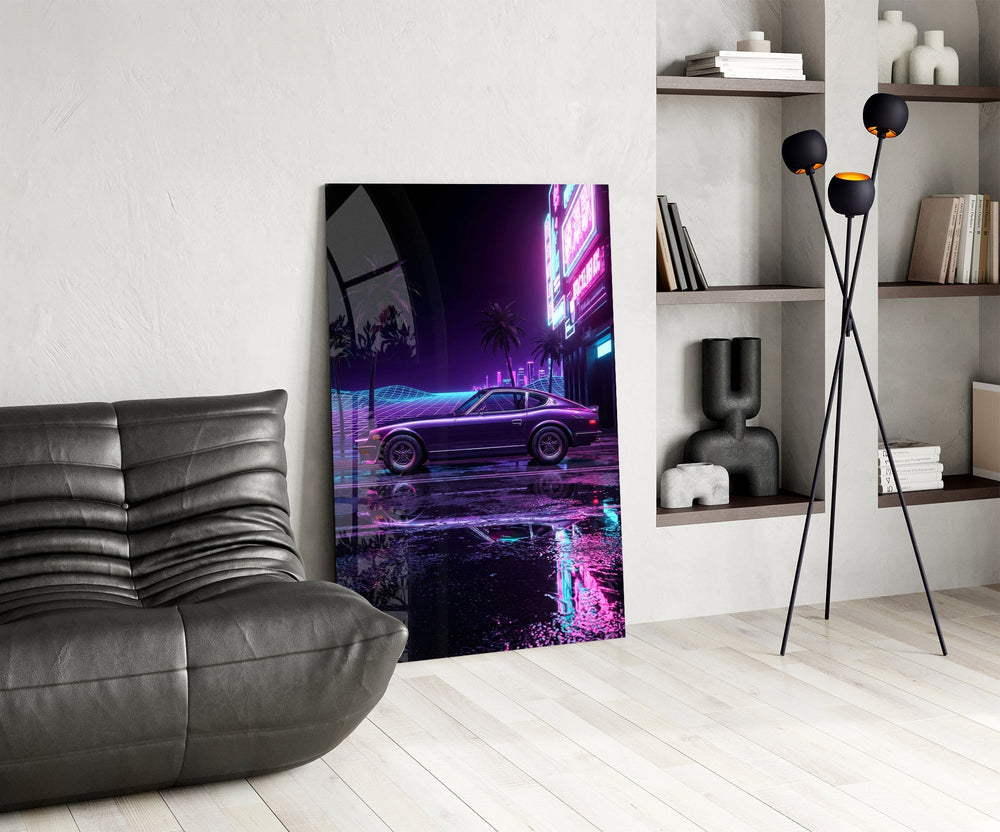 Purple Fastback Coupe Synthwave Glass Wall Art