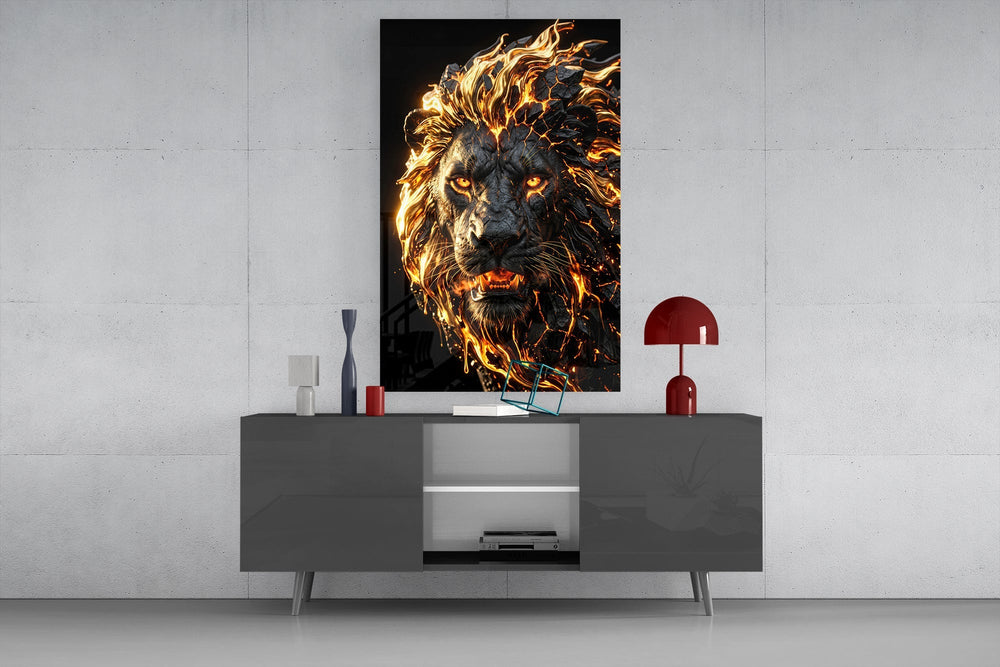 Molten Lava Mane Roaring Lion Glass Wall Art