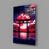 Crimson Moon Torii Gate Blossom Glass Wall Art
