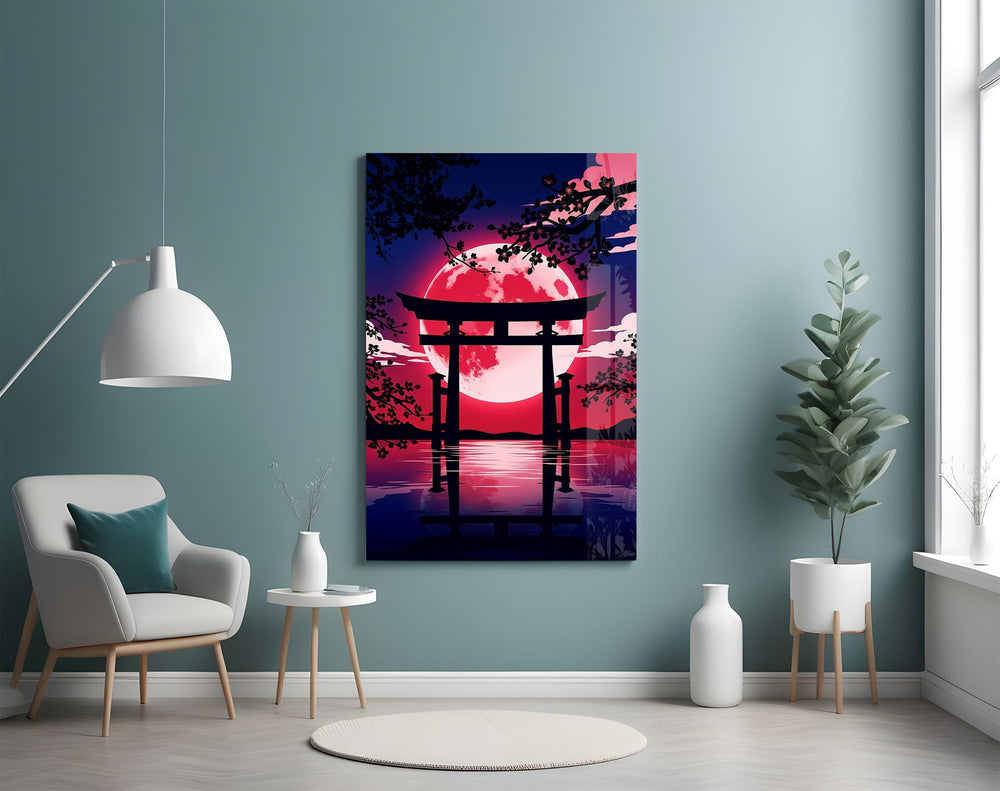 Crimson Moon Torii Gate Blossom Glass Wall Art