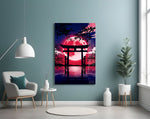 Crimson Moon Torii Gate Blossom Glass Wall Art