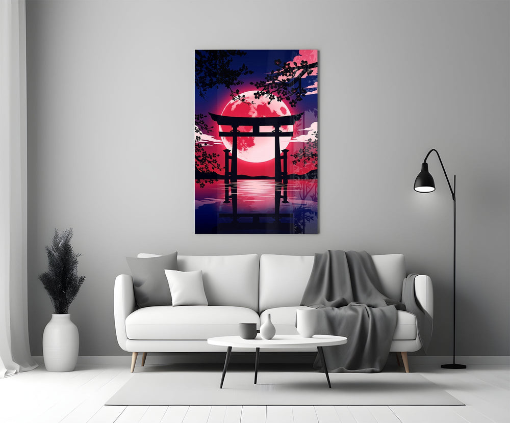Crimson Moon Torii Gate Blossom Glass Wall Art