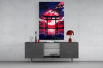 Crimson Moon Torii Gate Blossom Glass Wall Art