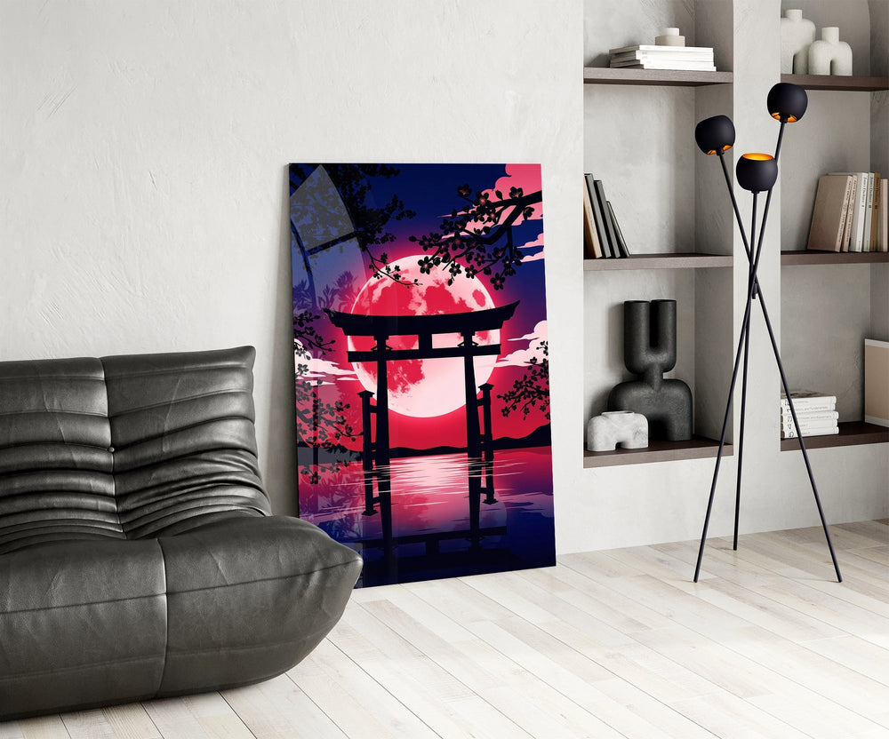 Crimson Moon Torii Gate Blossom Glass Wall Art