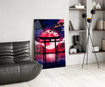 Crimson Moon Torii Gate Blossom Glass Wall Art