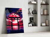 Crimson Moon Torii Gate Blossom Glass Wall Art