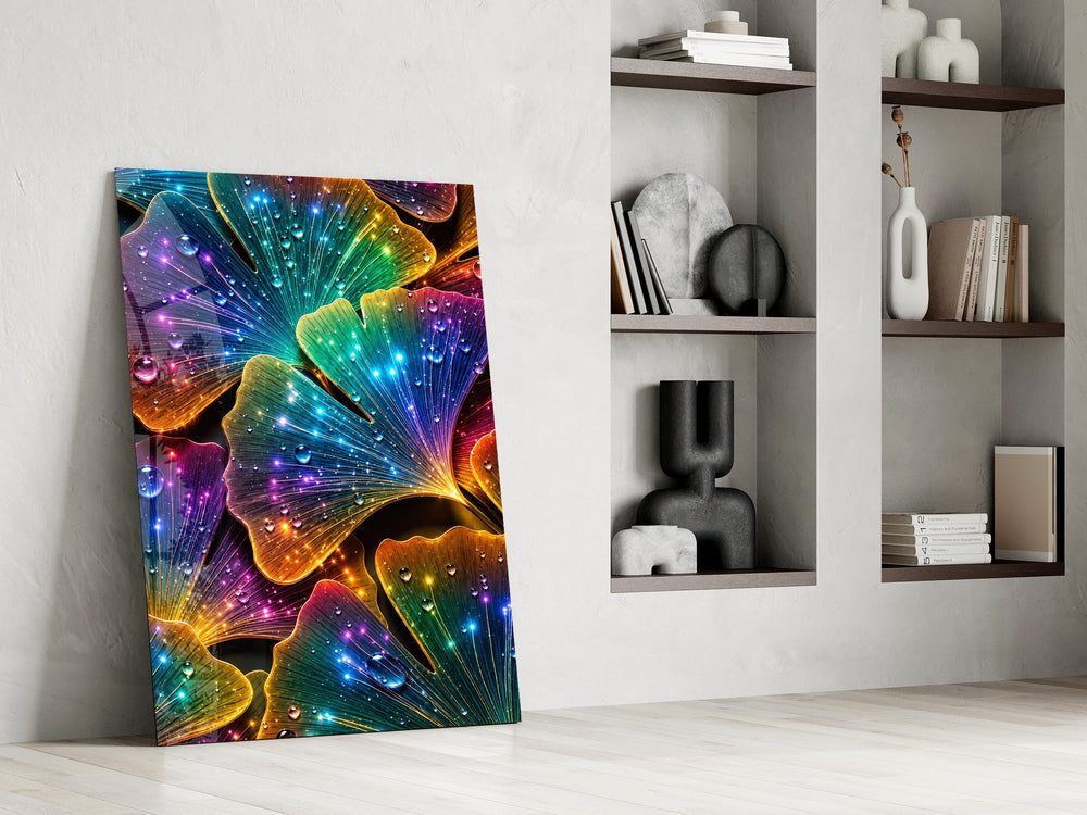 Rainbow Neon Ginkgo Leaves Glass Wall Art