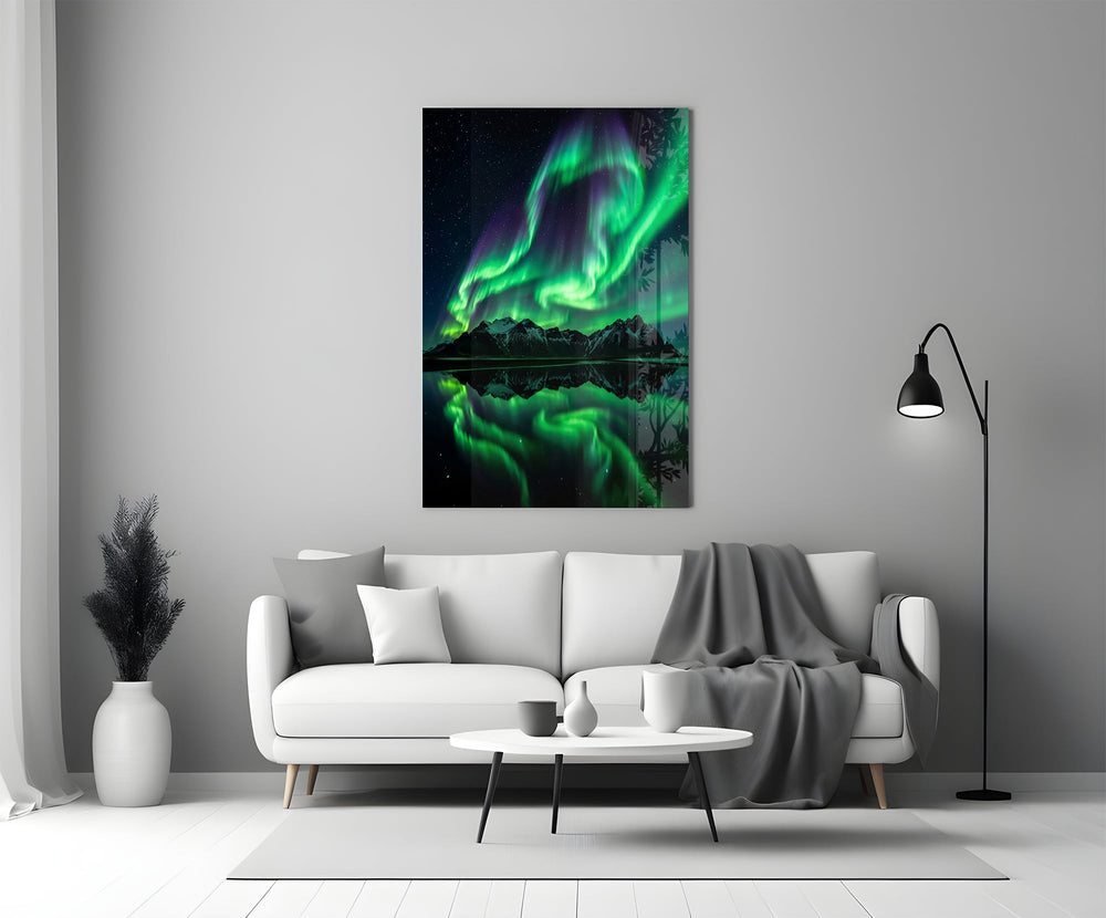 Green Aurora Mirrored Peaks Glass Wall Art
