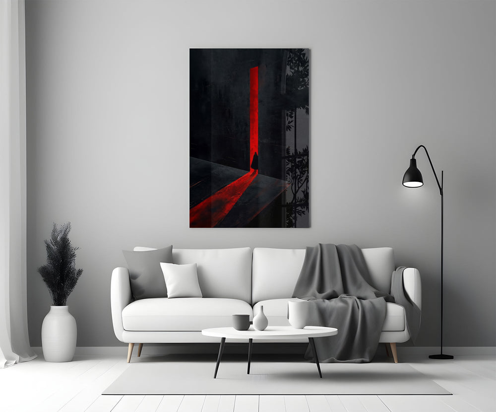 Red Doorway Cloaked Figure Glass Wall Art