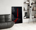 Red Doorway Cloaked Figure Glass Wall Art