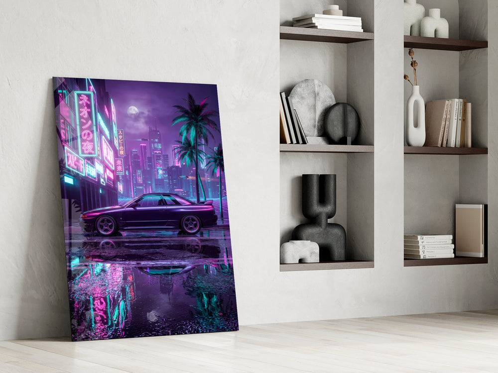 Neon Street Purple Sports Coupe Glass Wall Art