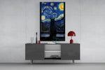 Black Cat at the Starry Night Window Glass Wall Art
