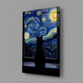 Black Cat at the Starry Night Window Glass Wall Art