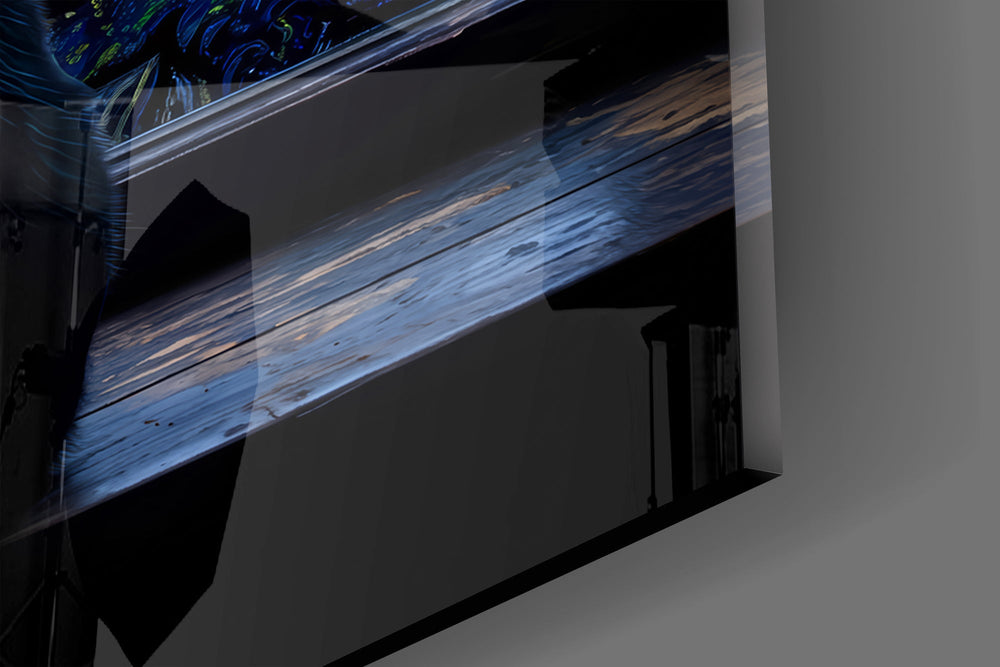 Black Cat at the Starry Night Window Glass Wall Art