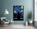 Black Cat at the Starry Night Window Glass Wall Art