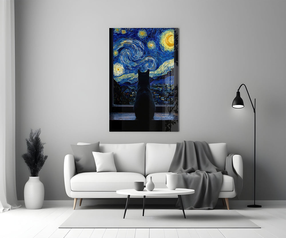 Black Cat at the Starry Night Window Glass Wall Art