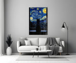 Black Cat at the Starry Night Window Glass Wall Art