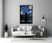 Black Cat at the Starry Night Window Glass Wall Art